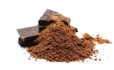 Chocolate bars with cocoa powder isolated on white background