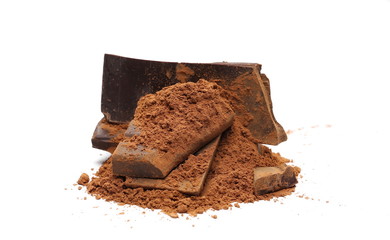 Chocolate bars with cocoa powder isolated on white background