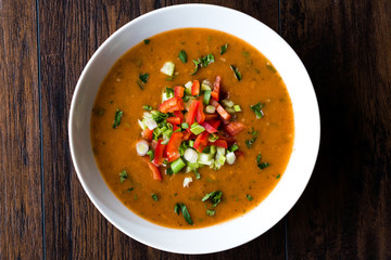 Traditional Konya Bulgur Soup Batirik with Sliced Cucumber, Tomatoes, Onion and Parsley
