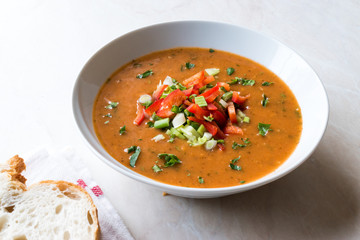 Traditional Konya Bulgur Soup Batirik with Sliced Cucumber, Tomatoes, Onion and Parsley