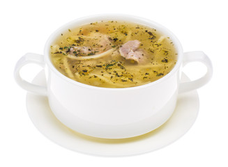 Chicken hot broth with vermicelli in white soup bowl