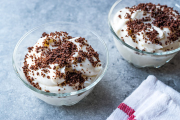 Mole Pudding with Chocolate Biscuit, Banana and Whipped Cream.