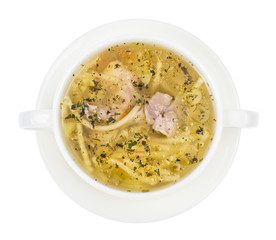 Chicken hot broth with vermicelli in white soup bowl