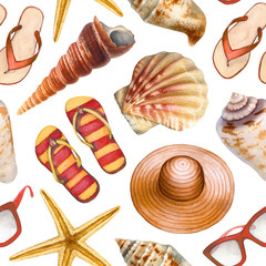 Summer holiday pattern. Straw hat, flip flops, shells and sun glasses illustrations