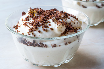 Mole Pudding with Chocolate Biscuit, Banana and Whipped Cream.