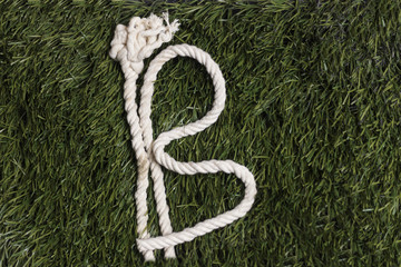 Rope alphabet on grass. Letter B