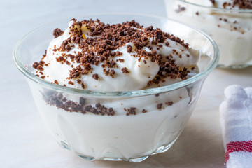 Mole Pudding with Chocolate Biscuit, Banana and Whipped Cream.