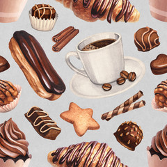 Watercolor illustration of coffee and desserts. Seamless pattern