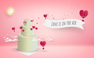 valentine's day cake with heart flowers and flying red hearts. pink background, 3d, Vector illustration. Wallpaper, flyers, invitation, posters, brochure, banners