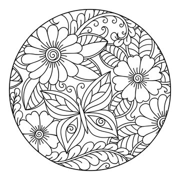 Outline round floral pattern for coloring the book page. Antistress coloring for adults and children. Doodle pattern in black and white. Hand draw vector illustration.