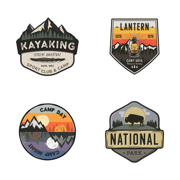 Set of vintage hand drawn travel logos. Hiking labels concepts. Mountain expedition badge designs. Travel logos, camp logotypes collection. Stock vector retro patches isolated on white background
