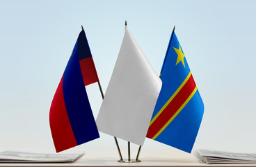 Flags of Liechtenstein and Democratic Republic of the Congo (DRC, DROC, Congo-Kinshasa) with a...
