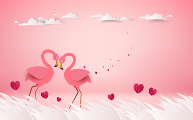 Love and Valentine Day card. Romantic pink flamingo birds join heads to create a heart. Greeting card with love birds and red heart flower. Festive poster for Valentine Day design