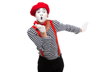 mime sending air kiss isolated on white