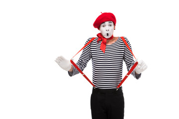 shocked mime with red suspenders isolated on white