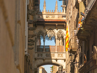 Neogothic bridge at Carrer del Bisbe (Bishop Street) in Barcelona, Catalonia, Spain
