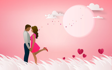 Red heart flower on pink background with  couple kissing on honeymoon vacation summer holidays romance. Love concept. Happy Valentine's Day wallpaper, poster, card. Vector illustration