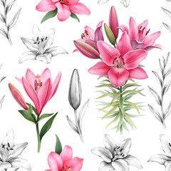 Illustrations of lily flowers. Seamless pattern