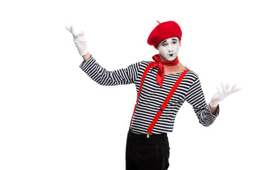mime with open arms looking at camera isolated on white
