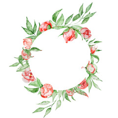 Fototapeta premium Romantic frame with flowers Card template. Watercolor peonies with green leaves on the white background. Hand drawn illustration.