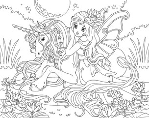 Fototapeta na wymiar Coloring page Unicorn and Princess