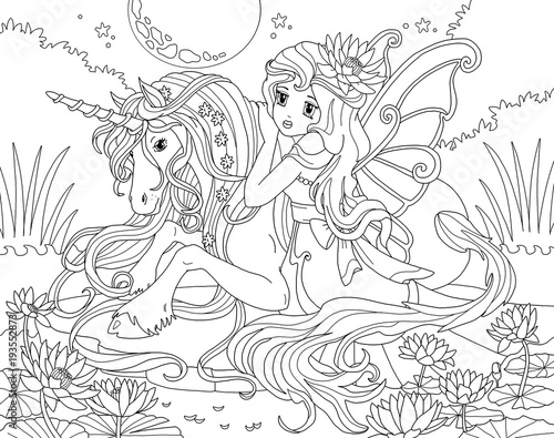 "Coloring page Unicorn and Princess" Stock photo and royalty-free