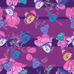 Seamless pattern with flowers and butterflies.