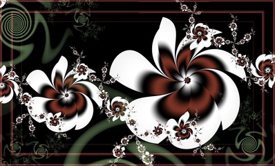 Computer generated 3D floral fractal.Flowers in white and brown tones on a black background.