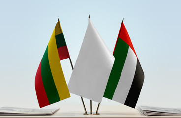 Flags of Lithuania and UAE with a white flag in the middle