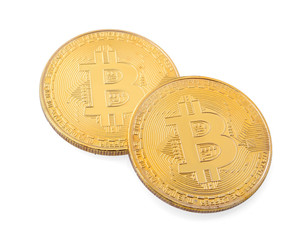 Golden bitcoin isolated on white