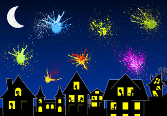 Farbspritzer Feuerwerk in der Nacht über einer Stadt - Silhouette