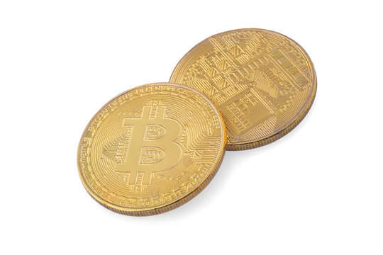 Golden bitcoin isolated on white