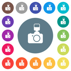 Camera with flash flat white icons on round color backgrounds