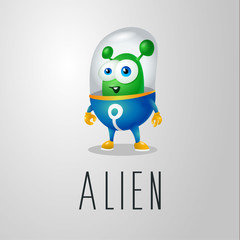 funny cartoon alien in the space suit, a friendly green Martian, character for the company in the modern 3D style