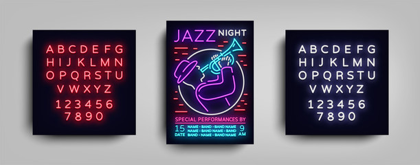 Jazz Music Festival Design Template Typography in Neon Style. Neon Sign, Bright Advertising, Flyer Invitation to the Party, Festival, Jazz Music Concert. Vector illustration. Editing text neon sign