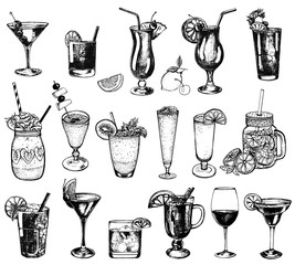 Set of hand drawn sketch style alcoholic and soft drinks. Isolated vector illustration.