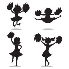 Cheerleaders with pom-poms black silhouette of children. Vector cartoon kids icons isolated on white background.