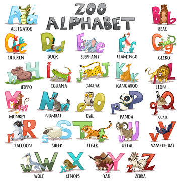 Alphabet for kids. ABC animals letters. Cartoon vector illustration for children's books, schoolbooks and education, isolated on white background.