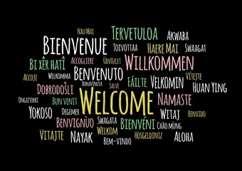 Welcome in different languages wordcloud vector on black background
