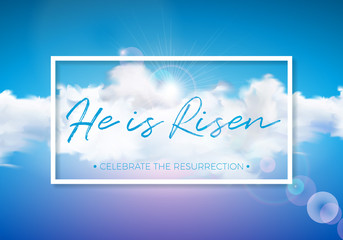 Naklejka na ściany i meble Easter Holiday illustration with cloud on blue sky background. He is risen. Vector Christian religious design for resurrection celebrate theme.