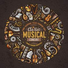 Set of vector cartoon doodle classic musical instruments and objects collected in a circle border