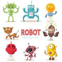 Cute robot flat cartoon character set. Vector illustration of a technological interactive toy isolated on a white background.