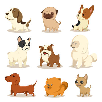 Cute cartoon dog vector set. Pets of different breeds. Funny little puppies. Illustration of a doggie character isolated on a white background.