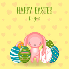 Greeting cards with cute Easter bunny, Easter eggs