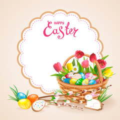 Easter composition with realistic glossy eggs and cookies in the form of eggs, chicken, Bunny, lamb in basket. Wllow twigs, flowers daisy and tulips. Inscription Happy Easter in round frame.