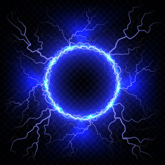 Electric flash of lightning on a dark transparent background. Vector circle lightning