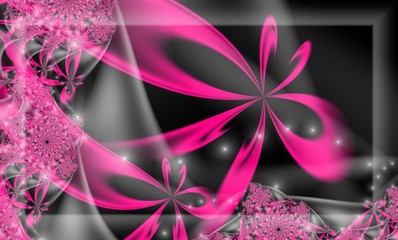 Computer generated 3D abstract fractal flower in shades of pink.Grey haze on an abstract background.Gift with a pink bow.
