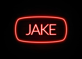 Jake neon sign on brick wall background. - obrazy, fototapety, plakaty