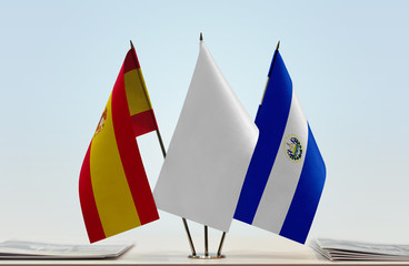Flags of Spain and El Salvador with a white flag in the middle