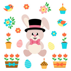 Naklejka premium cartoon easter elements with bunny sitting in hat and tie